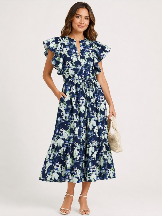 a new day Dresses & Skirts - A New Day Navy Blue Floral Ruffle Sleeve Midi Dress XS NWT